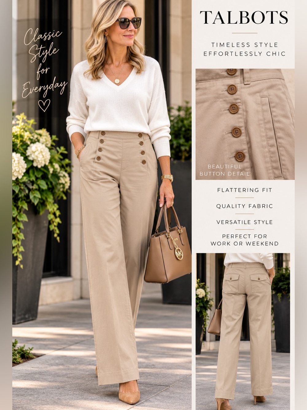 Talbots Heritage Size 10 Beige High Rise Sailor Button Wide Leg Pants